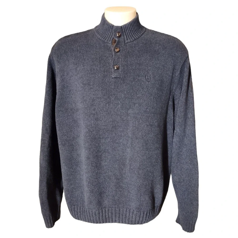 Chaps Knit‎ Sweater Mock Neck Button Up Adult Mens XL Navy Blue w/ brown patches